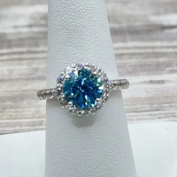 Sterling Silver Ring Sky Blue CZ Faceted Solitaire Halo Clear CZ Size 7.75 Prong - Picture 4 of 14
